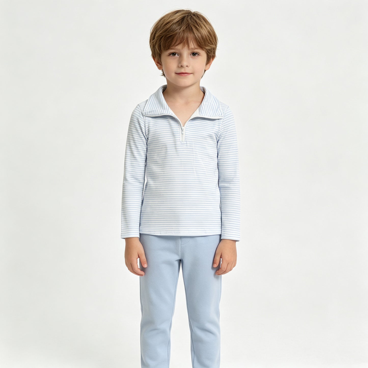 (Sample) No moq milk silk BT1878 Baby Boys Long Sleeve Blue Stripe Zip Pullovers Casual Top