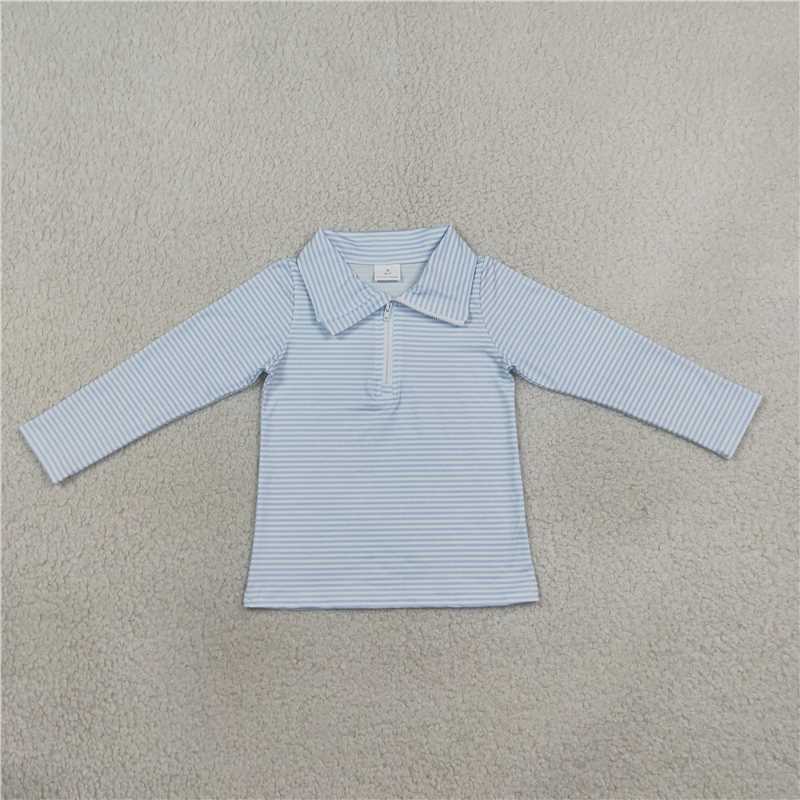 RTS NO MOQ Sibling milk silk Baby Girls Boys Blue White Stripe Collar Long Sleeve Half Zip Top