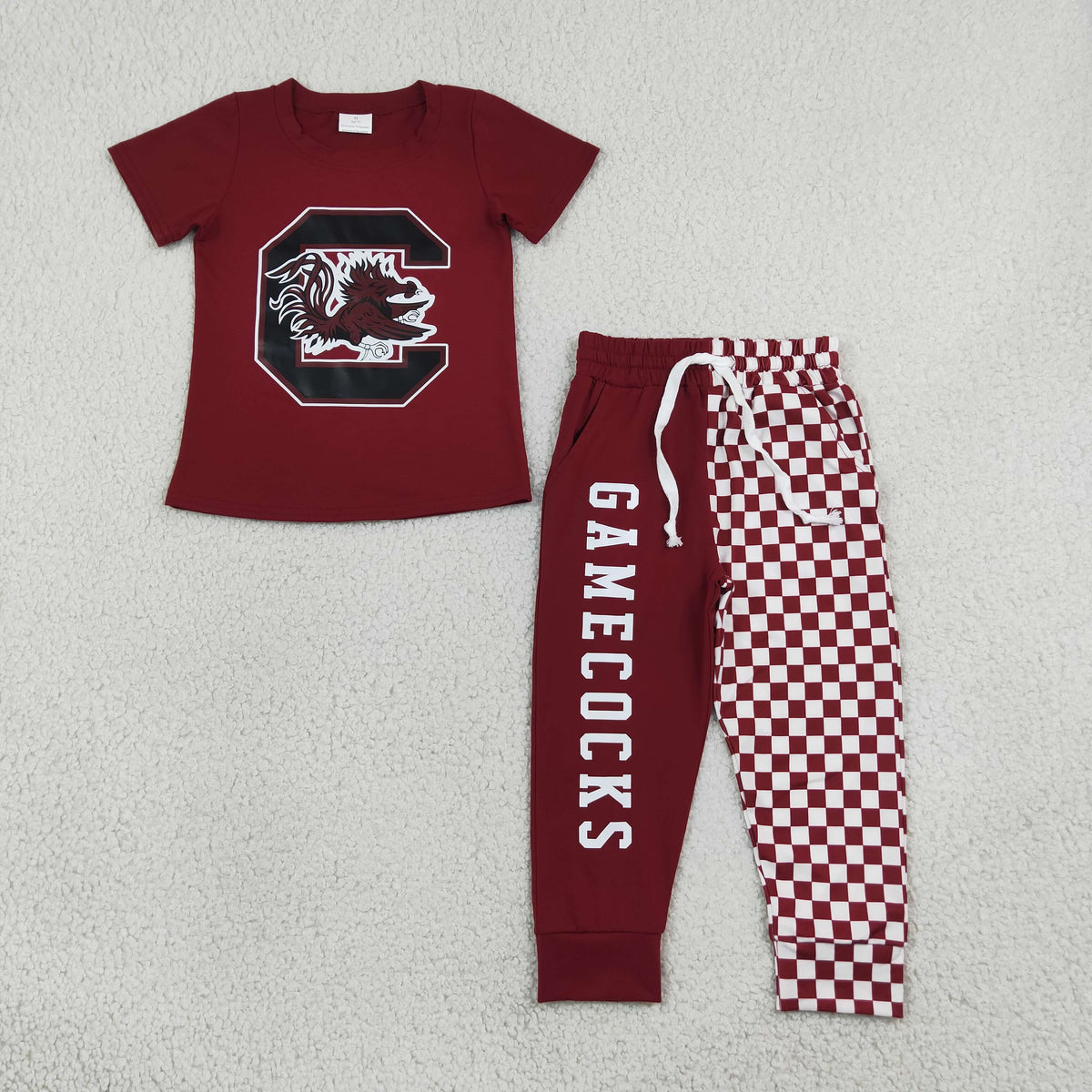 NEW RTS NO MOQ milk silk BSPO0701（BT1887+P1064） Baby Boys Red Print Shirt Top Pockets Joggers Team Sets