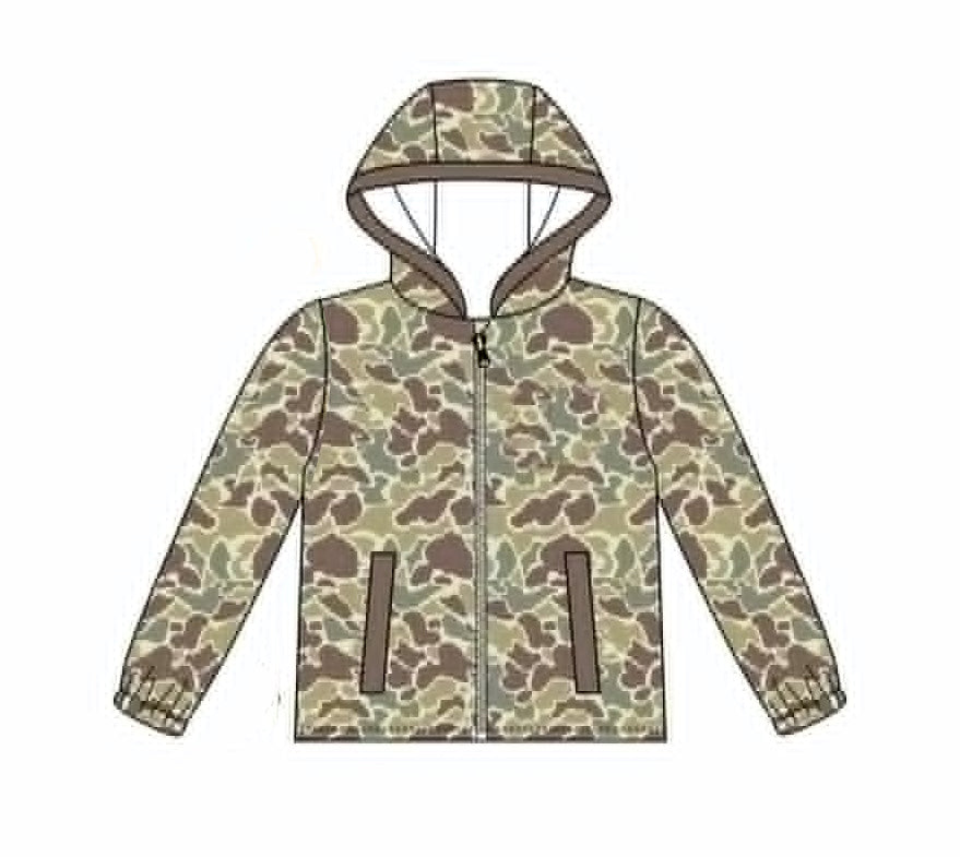 (Preorder new) No moq Baby Girls Boys Khaki Camo Print Long Sleeve Zip Pocket Casual Hoodie Top