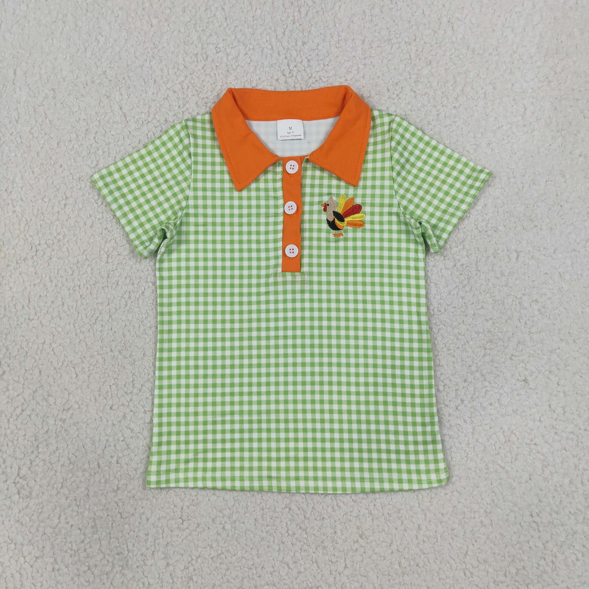 NEW RTS NO MOQ milk silk BT1889 Polos For Kids Boys Green Checked Turkey Thanksgivings Button Polo Top