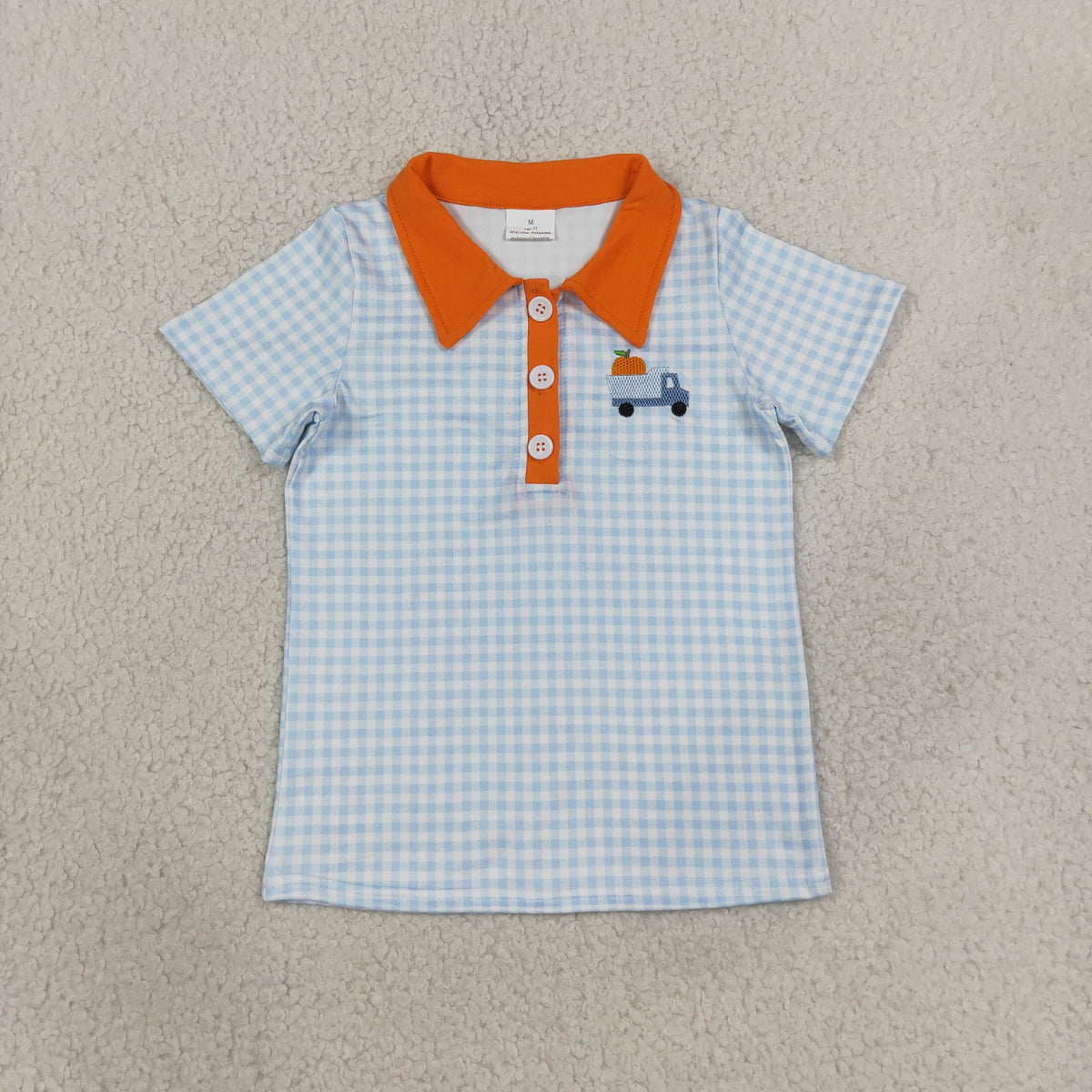 RTS NO MOQ Sibling milk silk Polos For Kids Boys Embroidery Pumpkin Print Plaid Button Short Sleeve Casual Top