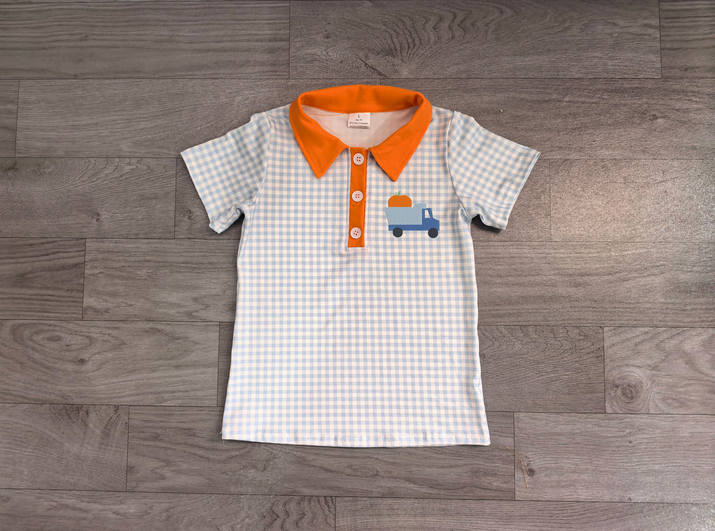 (Sample) No moq milk silk BT1890 Baby Boys Blue Checked Pumpkin Truck Fall Button Polo Shirts Top