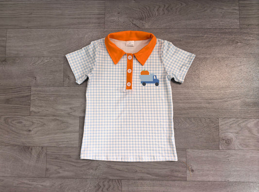 (Sample) No moq milk silk BT1890 Baby Boys Blue Checked Pumpkin Truck Fall Button Polo Shirts Top