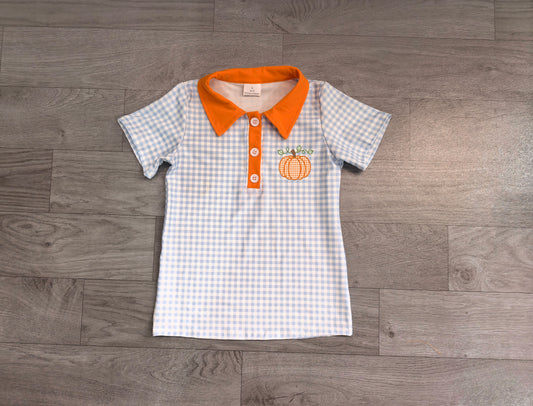 (Sample) No moq milk silk BT1891 Baby Boys Blue Checked Pumpkin Fall Button Polo Shirts Top