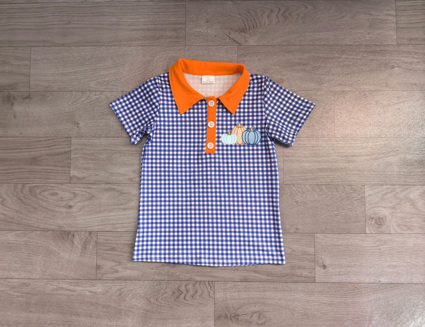 (Sample) No moq milk silk BT1892 Baby Boys Hot Blue Checked Pumpkins Fall Button Polo Shirts Top