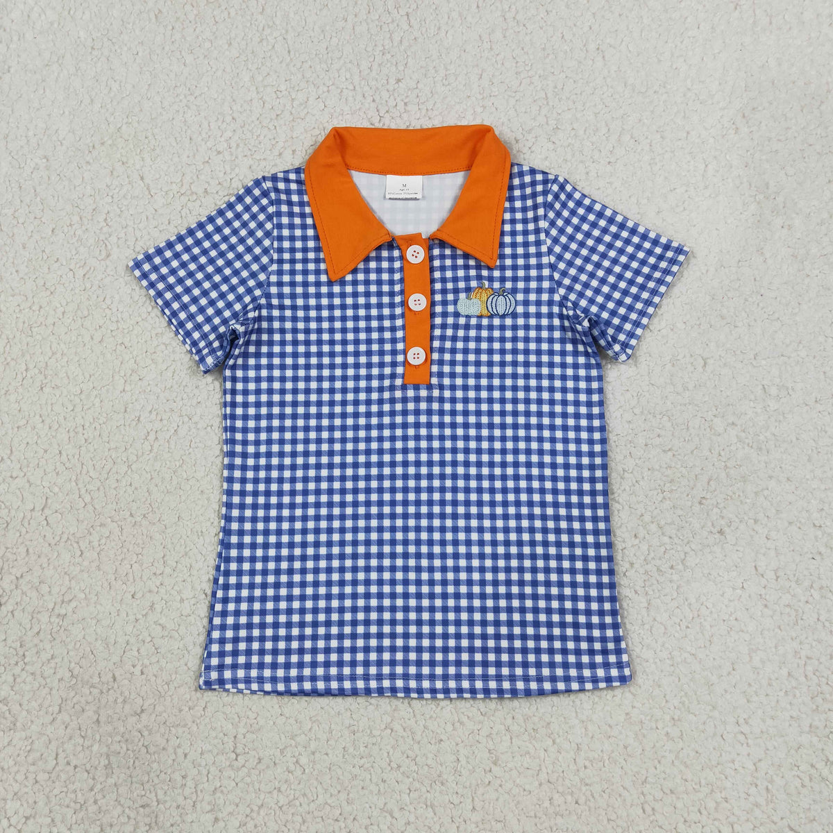 RTS NO MOQ Sibling milk silk Polos For Kids Boys Embroidery Pumpkin Print Plaid Button Short Sleeve Casual Top