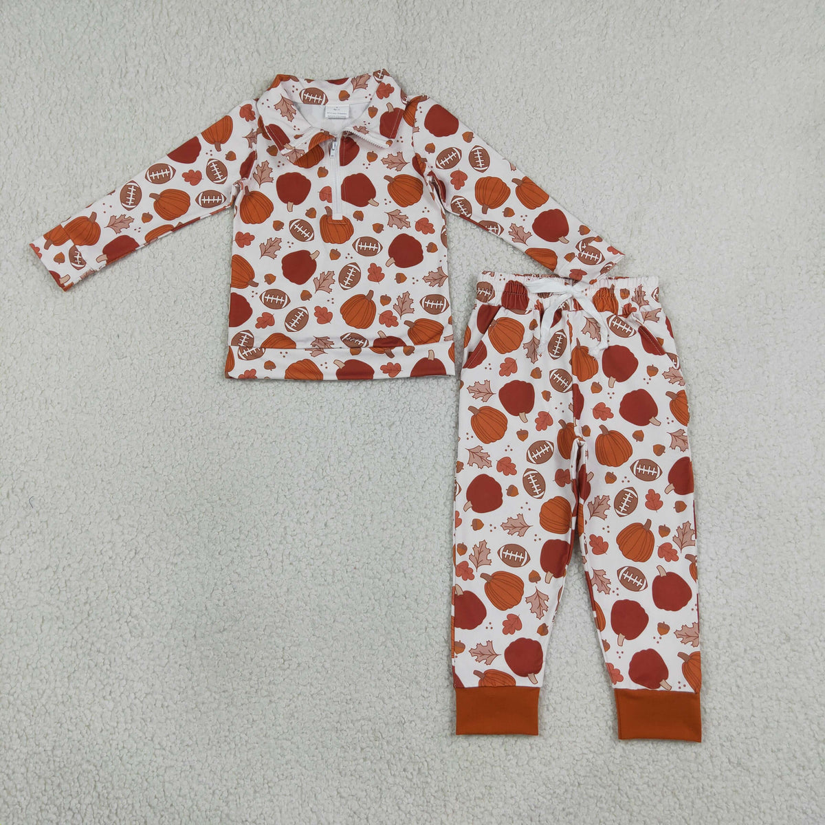 (Sample) No moq milk silk BLP1573（BT1894+P1197）Baby Boys Fall Pumpkin Football Leaf Print Half Zip Collar Long Sleeve Top Jogger Pant Set