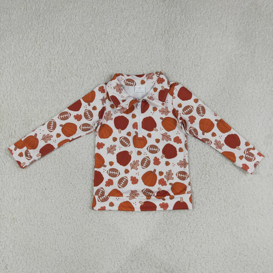 NEW RTS NO MOQ milk silk BT1894 Baby Boys Pumpkins Football Zip Pullovers Top Spring Fall Casual Long Sleeve Tees