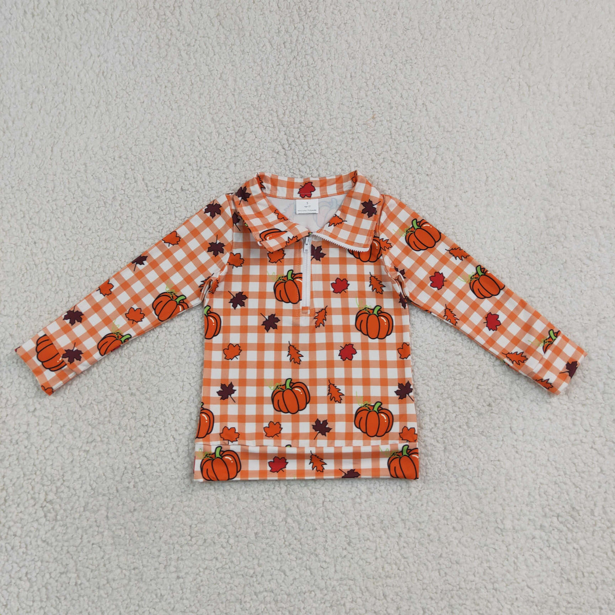 NEW RTS NO MOQ milk silk BT1895 Baby Boys Pumpkins Checked Zip Pullovers Top Casual Zip Up Long Sleeve Tees