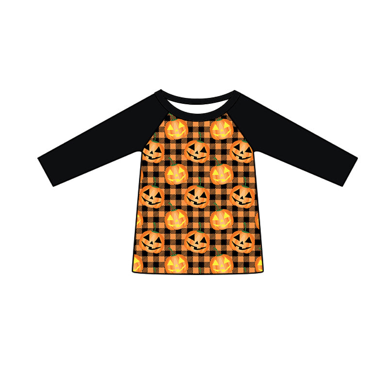 (Preorder new) No moq BT1897 Baby Boys Halloween Ghost Pumpkin Print Plaid Long Sleeve Crew Neck Casual T Shirt Top
