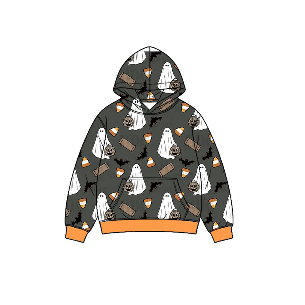 (Preorder new) No moq Baby Boys Halloween Ghost Pumpkin Print Orange Button Front Long Sleeve Top Matching Pants Set Hoodies Top Romper