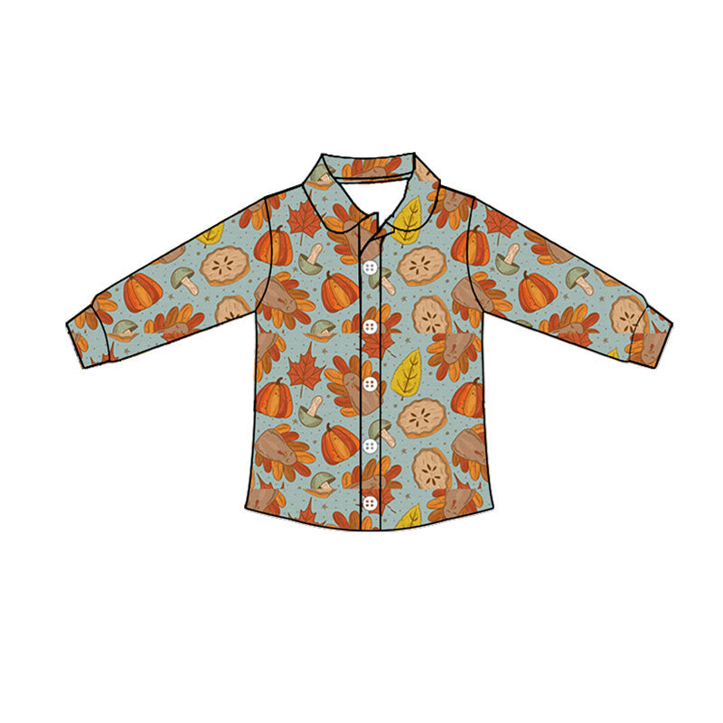 (Preorder new) No moq BT1899 Baby Boys Thanksgiving Pumpkin Turkey Print Button Front Long Sleeve Casual Shirt Top