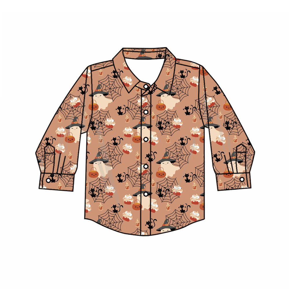 (Preorder new) No moq Boys Khaki Halloween Ghost Witch Hat Black Cat Print Long Sleeve Button Down Collared Shirt  Romper