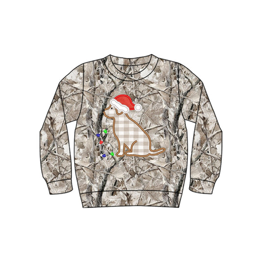 (Preorder new) No moq BT1913 Baby Boys Leaves Camo Embroidery Lights Dogs Christmas T‑shirts Top Fall Winter Long Sleeve Casual Pullover Tees