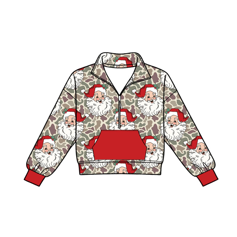 (Preorder new) No moq Baby Boys Khaki Camo Santa Zip Pocket Pullovers Joggers Christmas Outfit Rompers