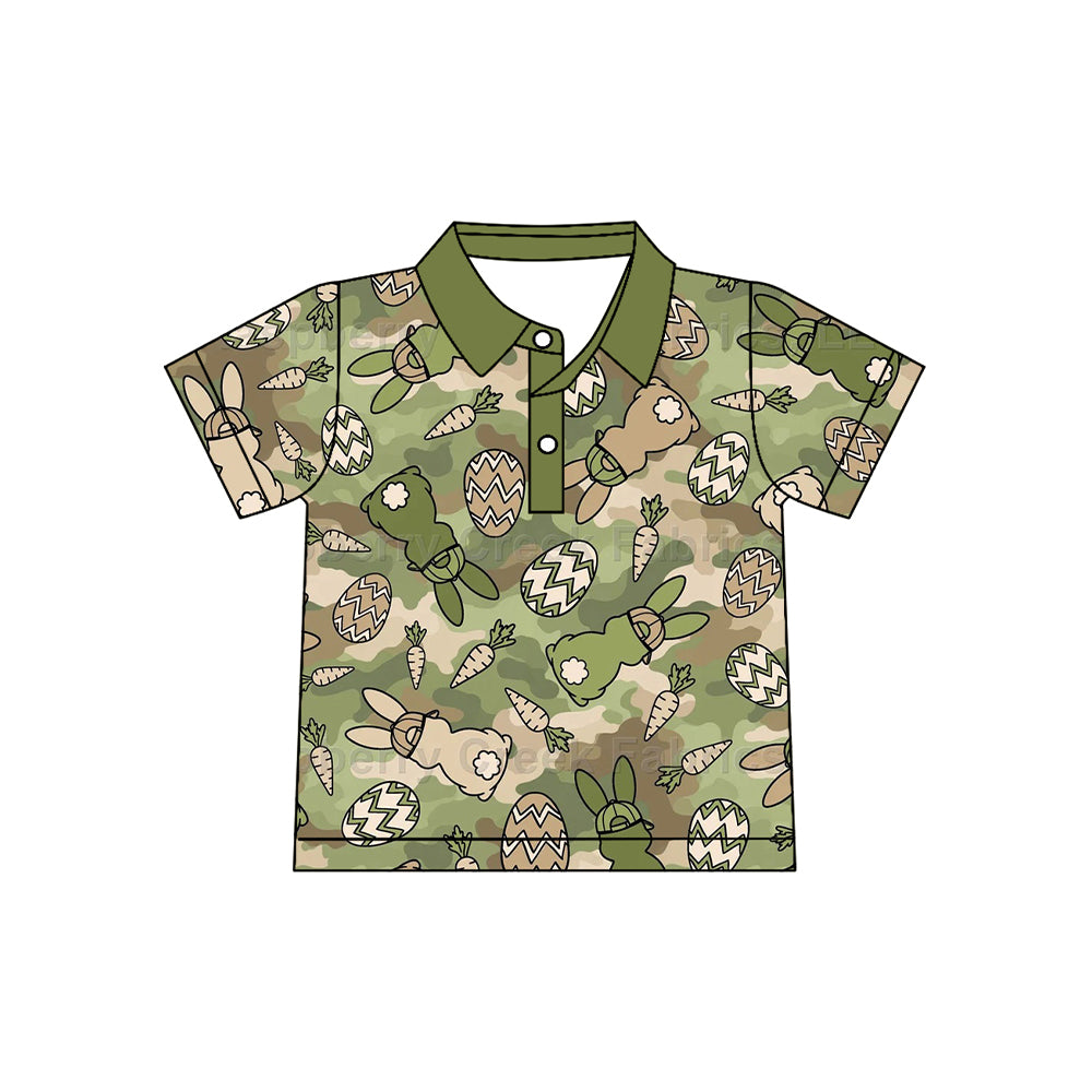 (Preorder new) No moq Baby Boys Green Camo Rabbits Eggs Easter Button Polos For Kids Shirts Top Spring Holiday Short Sleeve Casual Shirts Button Rompers