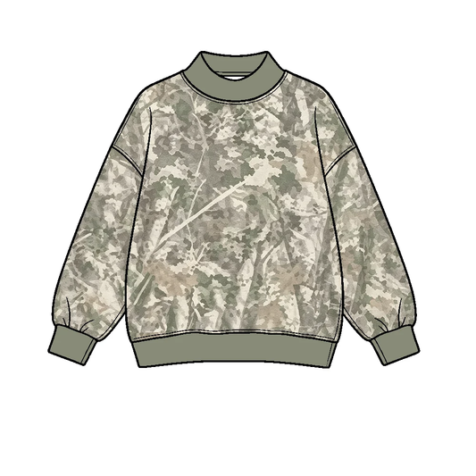 (Preorder new) No moq BT1920 Yoga Baby Boys Olive Green High Neck Tree Bark Camo Print Yoga Active Long Sleeve T‑shirts Top