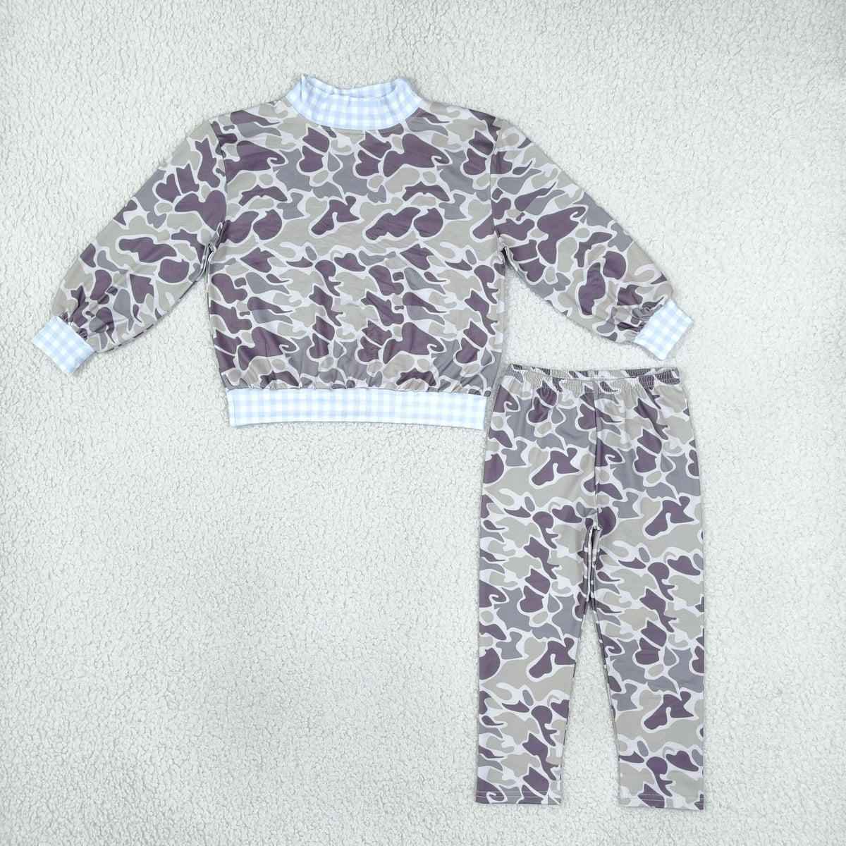 RTS NO MOQ Sibling milk silk High Neck Baby Girls And Boys Grey Camo Print Gingham Trim Long Sleeve Top And Pants Set