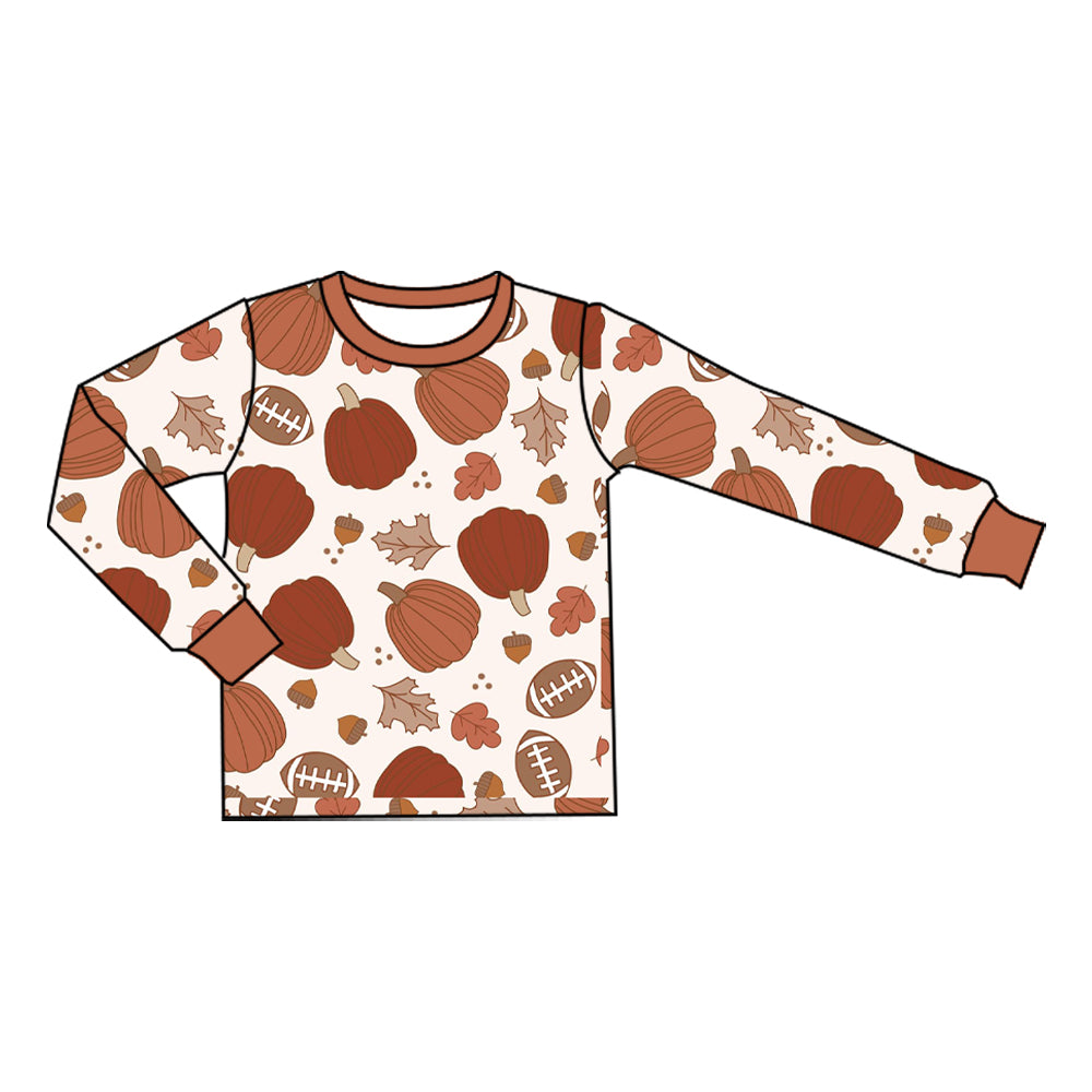 (Preorder new) No moq Baby Boys Long Sleeve Leaves Pumpkins Checked Fall T‑shirts Top Autumn Casual Tees