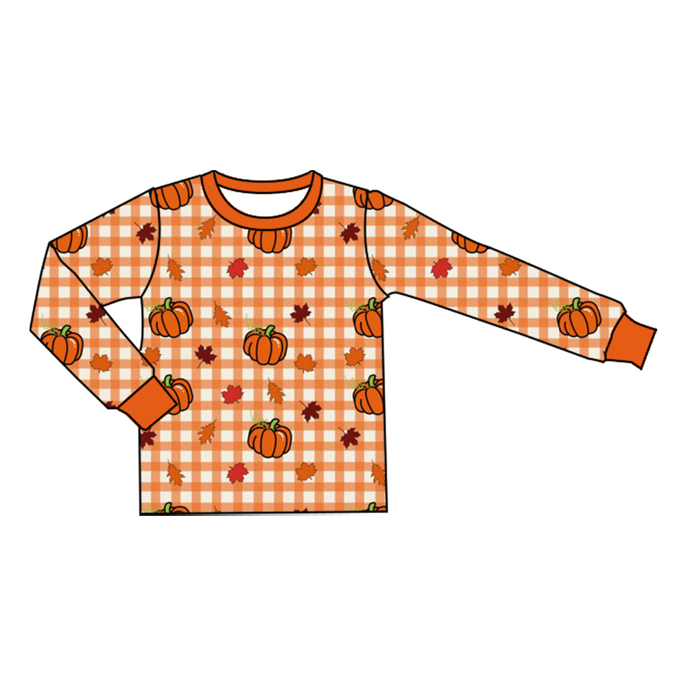 (Preorder new) No moq Baby Boys Long Sleeve Leaves Pumpkins Checked Fall T‑shirts Top Autumn Casual Tees