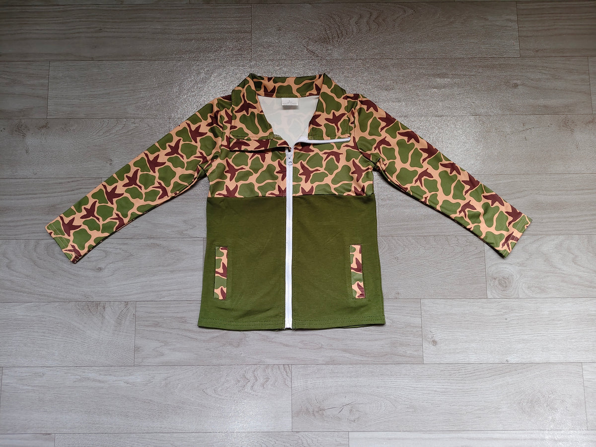 (Sample) No moq milk silk BT1933 Baby Boys Green Camo Duck Print Long Sleeve Zip Pockets Jacket Top