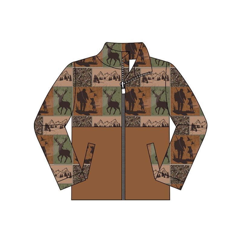 (Preorder new) No moq BT1934 Baby Boys Long Sleeve Brown Camo Deer Pockets Zip Hunting Jackets Casual Top