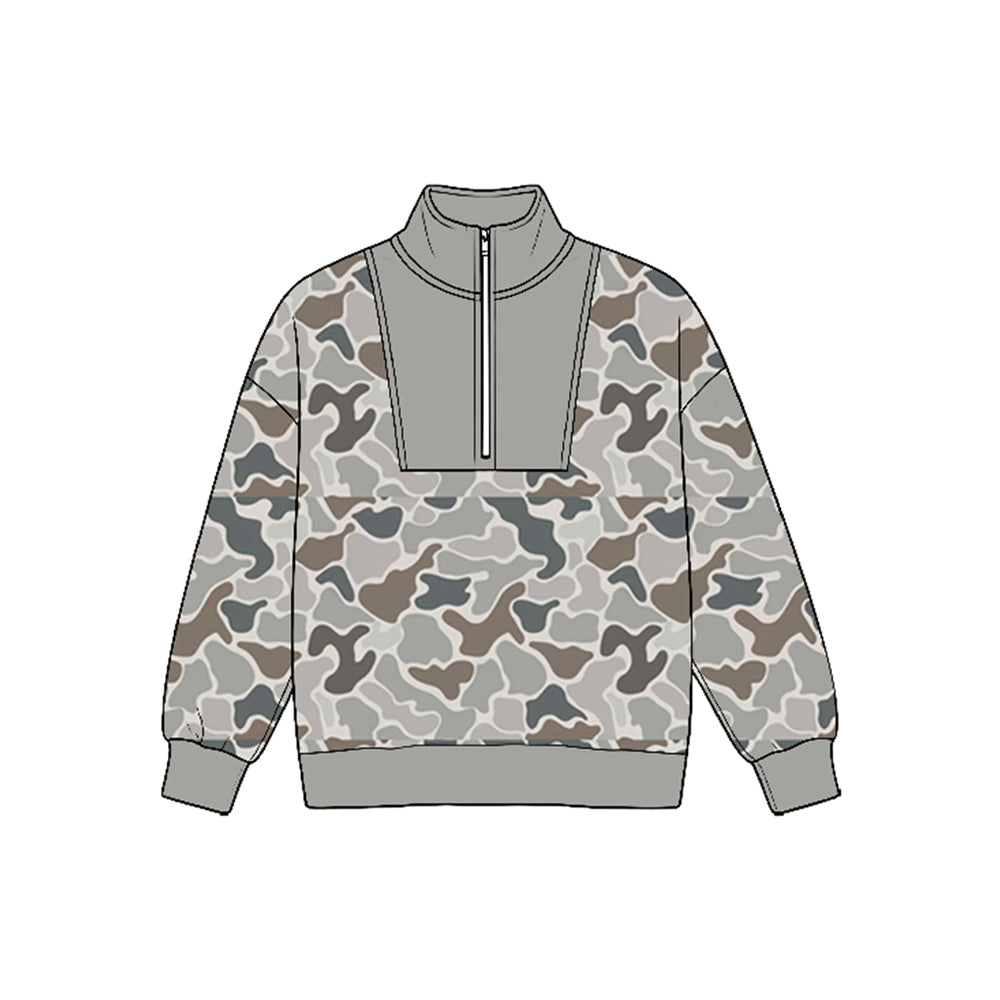 (Preorder new) No moq Baby Boys Long Sleeve Ducks Plaid Hunting Zip Pullovers Top Fall Top