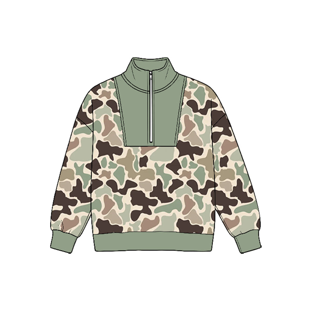 (Preorder new) No moq Baby Boys Long Sleeve Ducks Plaid Hunting Zip Pullovers Top Fall Top