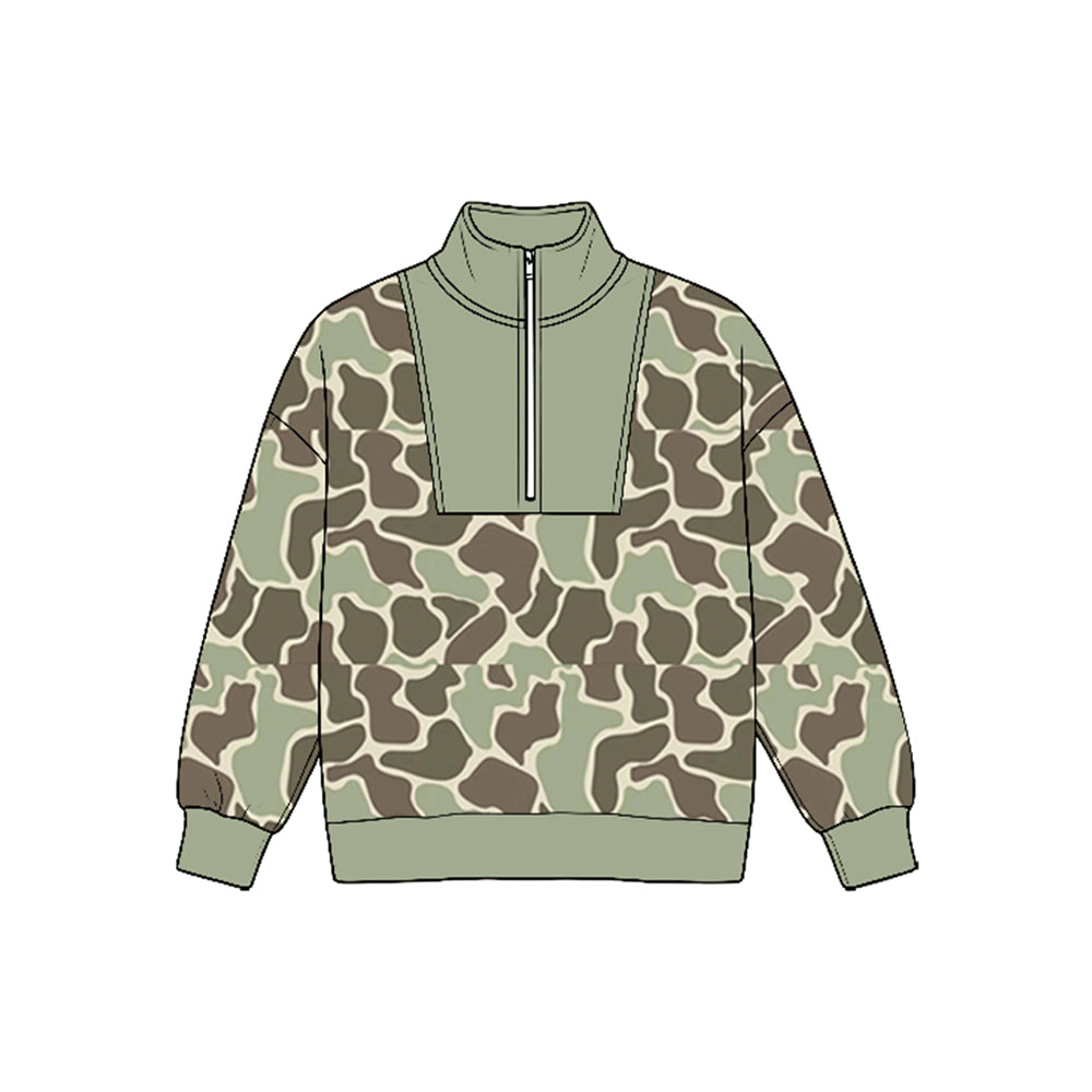 (Preorder new) No moq Baby Boys Long Sleeve Ducks Plaid Hunting Zip Pullovers Top Fall Top