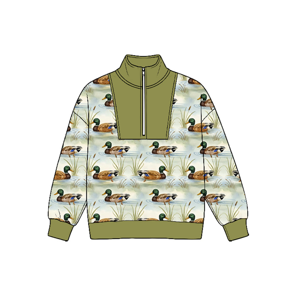 (Preorder new) No moq Baby Boys Long Sleeve Ducks Plaid Hunting Zip Pullovers Top Fall Top