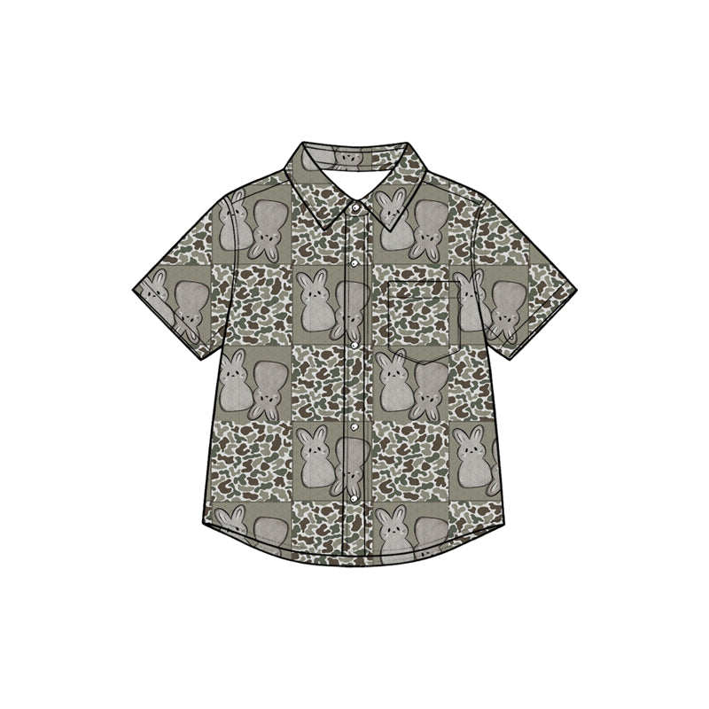 (Preorder new) No moq Baby Girls Easter Camo Bunny Print Short Sleeve Button Down Collared Shirt