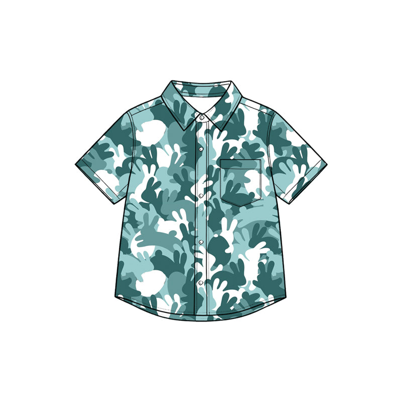 (Preorder new) No moq Baby Girls Easter Camo Bunny Print Short Sleeve Button Down Collared Shirt