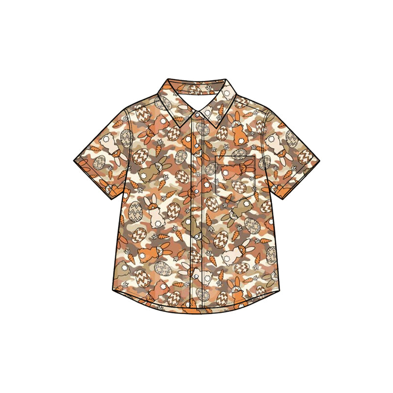 (Preorder new) No moq Baby Girls Easter Camo Bunny Print Short Sleeve Button Down Collared Shirt
