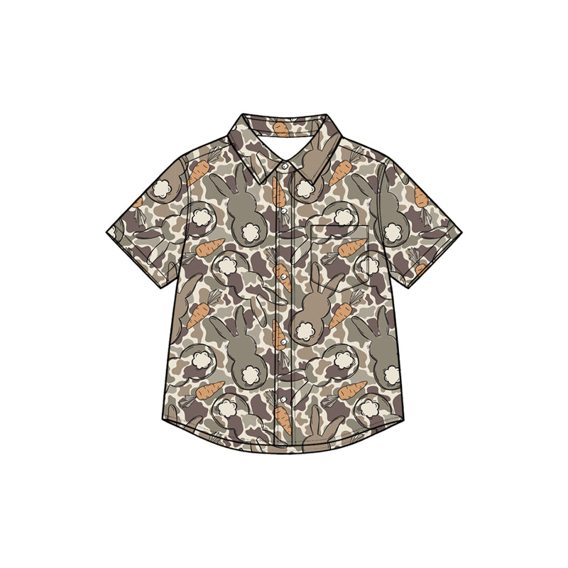 (Preorder new) No moq Baby Girls Easter Camo Bunny Print Short Sleeve Button Down Collared Shirt