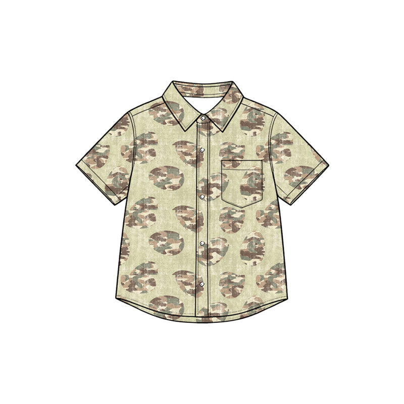 (Preorder new) No moq Baby Girls Easter Camo Bunny Print Short Sleeve Button Down Collared Shirt