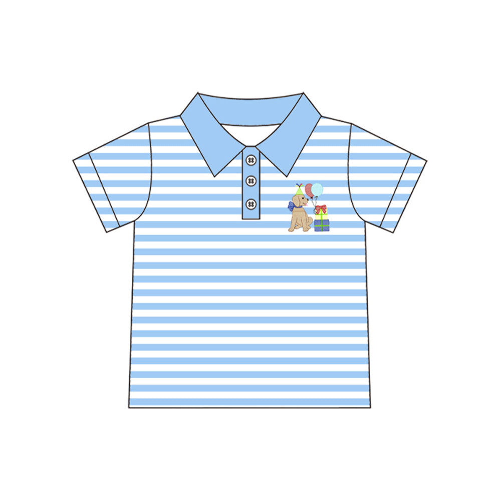 (Preorder new) No moq Baby Boys Birthday Dog Short Sleeve Top Blue White Stripe Drawstring Jogger Pant Set Short Sleeve Polo Tee