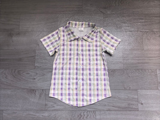 (Sample) No moq milk silk BT1957 Baby Boys Green Purple Yellow Checked Button Pocket Shirts Top