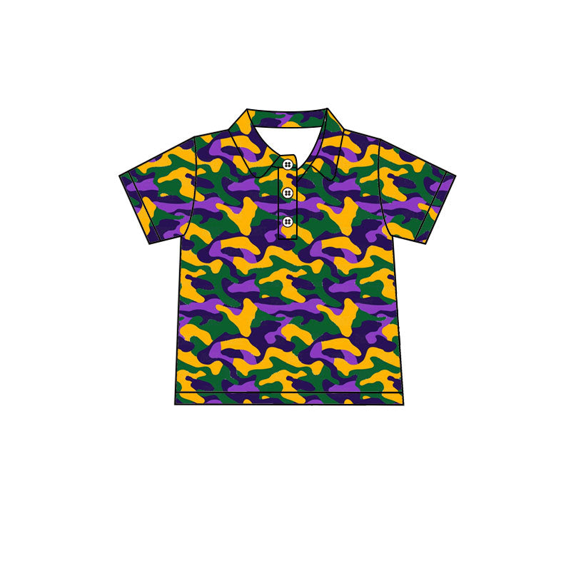 (Preorder new) No moq Kids Boys Purple Green Gold Camo Print Short Sleeve Polo Jogger Pants Set