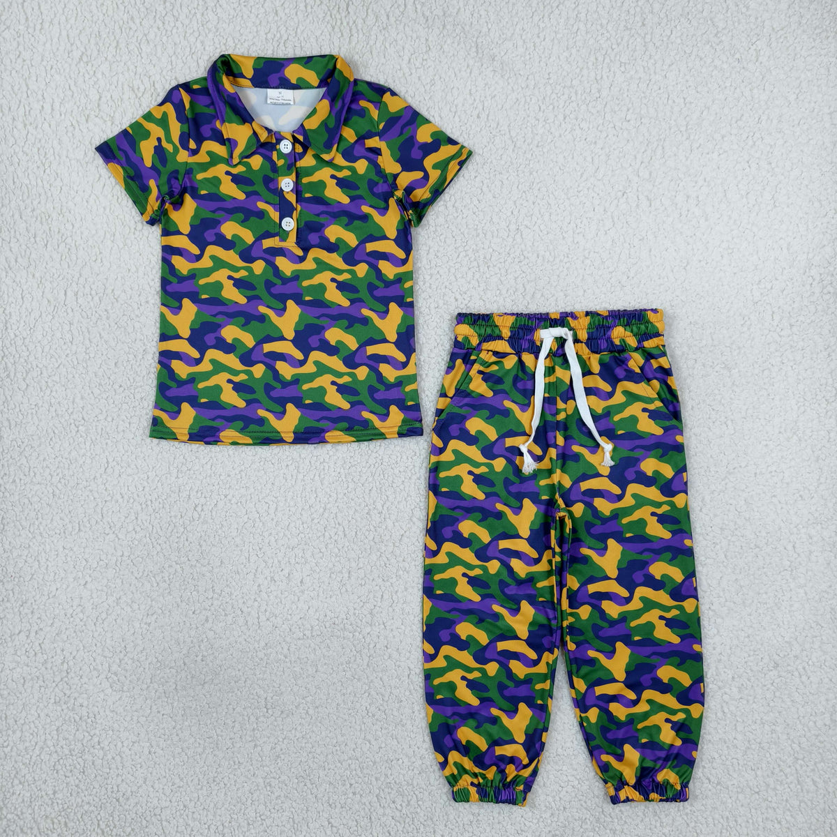 NEW RTS NO MOQ milk silk BSPO0721（BT1958+P1248）Baby Boys Camo Short Sleeve Button Polo Shirts Top Pockets Joggers Set