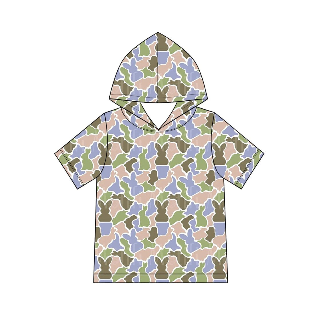 (Preorder new) No moq Baby Boys Camo Easter Bunny Print Short Sleeve Hooded T‑Shirt