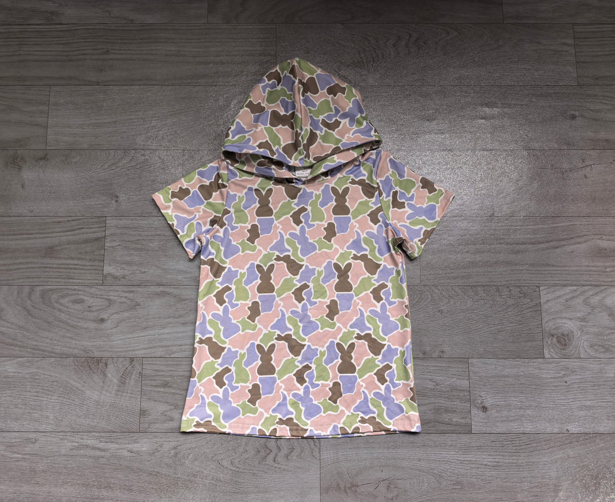 (Sample) No moq milk silk BT1964 Baby Boys Olive Pink Rabbits Camo Easter Short Sleeve Hoodies Casual Top