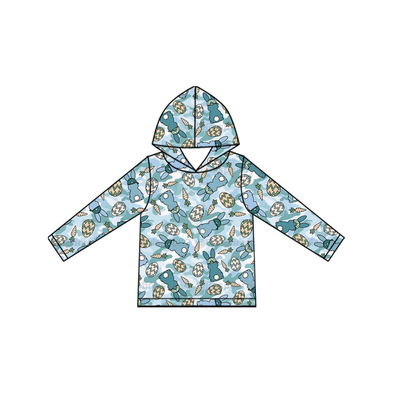 (Preorder new) No moq BT1966 Baby Boys Easter Bunny Egg Carrot Blue Camo Print Long Sleeve Hooded Pullover Sweatshirt