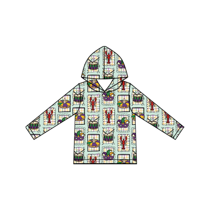 (Preorder new) No moq BT1968 Baby Boys Checker Print Long Sleeve Hooded Pullover Sweatshirt