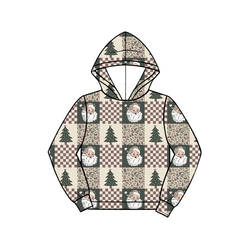 (Preorder new) No moq Baby Boys Santa Claus Christmas Tree Checkerboard Print Outfit Set Long Sleeve Pajama Set Hoodie Baby Zipper Romper Dark Green Trim Holiday Clothes