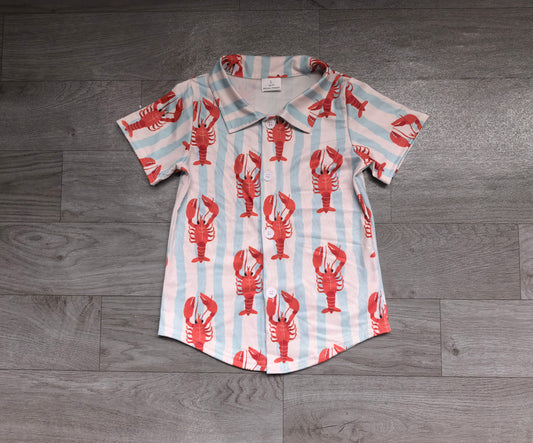 (Sample) No moq milk silk BT1976 Baby Boys Blue Stripe Crayfishes Short Sleeve Button Shirts Top