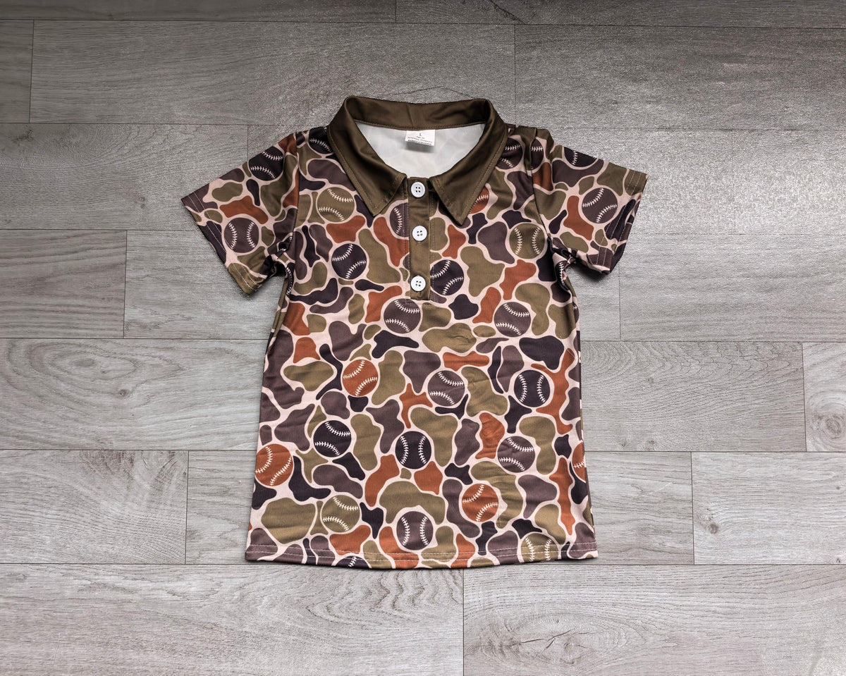 (Sample) No moq milk silk BT1984 Polos For Kids Boys Camo Baseball Print Short Sleeve Polo Shirt With Brown Collar