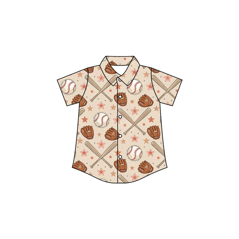 (Preorder new) No moq Toddler Boys Baseball Glove Bat Star Print Short Sleeve Hoodie Toddler Button Down Baseball Shirt