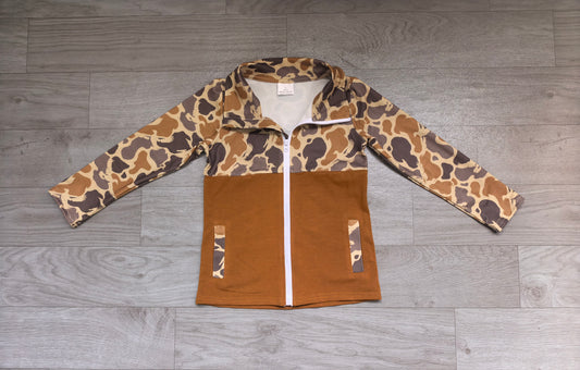 (Sample) No moq milk silk BT1998 Baby Boys Duck Camo Color Block Full Zip Stand Collar Hunting Jacket With Side Pockets