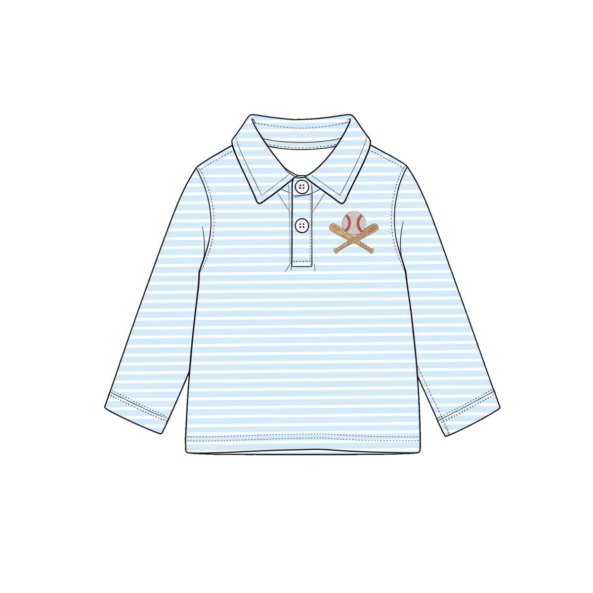(Preorder new) No moq Baby Boys Light Blue Striped Long Sleeve Polo Shirt And Baseball Embroidery Romper Set